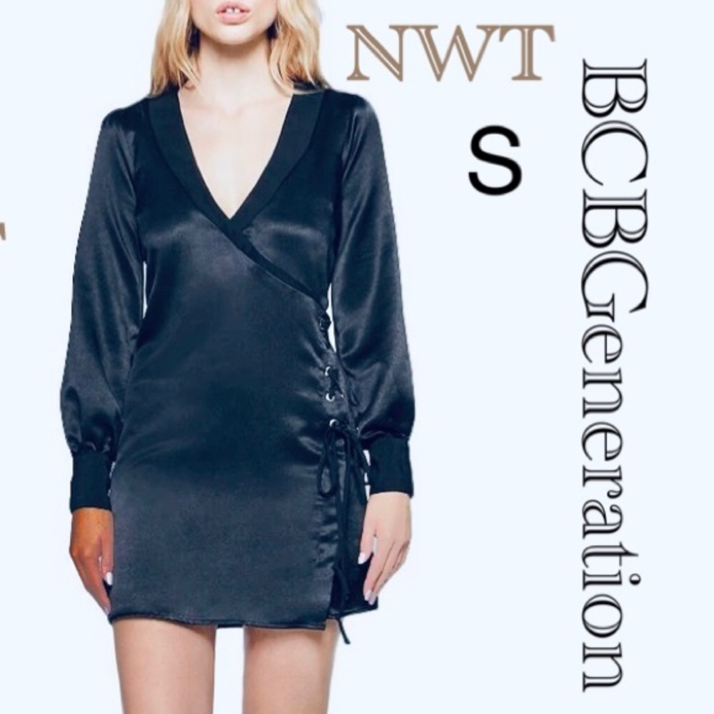 NWT (S) 4-6 BCBGeneration mini black satin dress lace up side long sleeves black